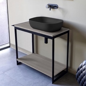 Console Bathroom Vanity Console Sink Vanity With Matte Black Vessel Sink and Grey Oak Shelf, 35